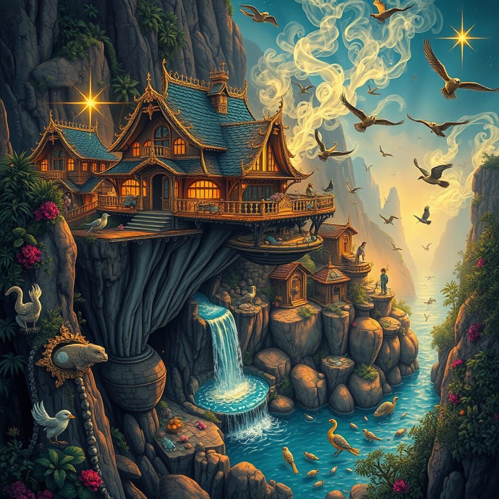 Whimsical Maximalist Cliffside House Illustration