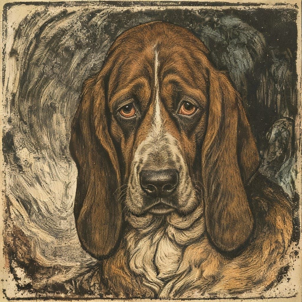 Bromoil Portrait of a Soulful Basset Hound