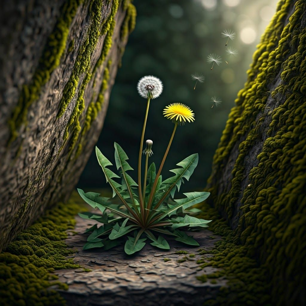 Dainty Dandelion Blooms in Rock Crevice