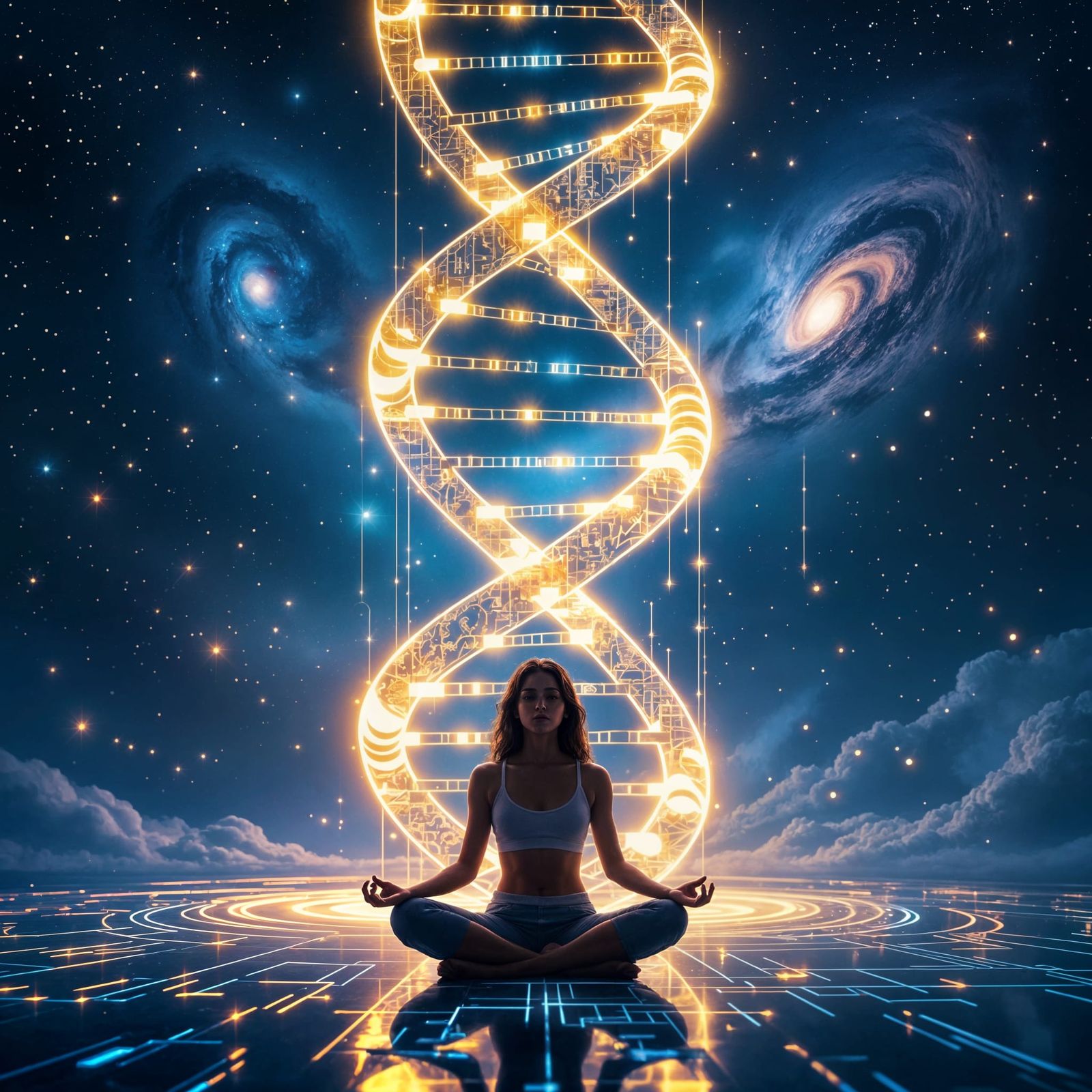 DNA Spiral of Code Transforms into Meditating Woman in Cosmi...