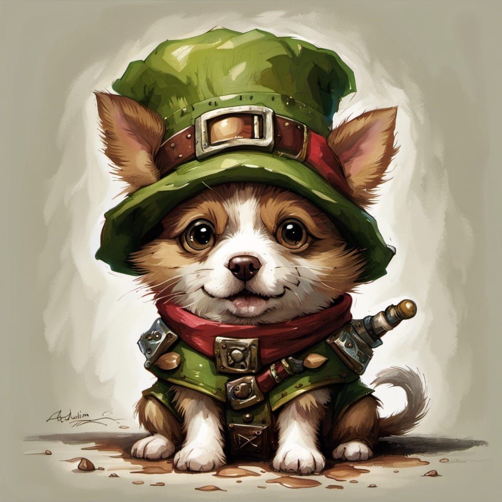 Puppy Dressed as Teemo: Dark Fantasy Illustration