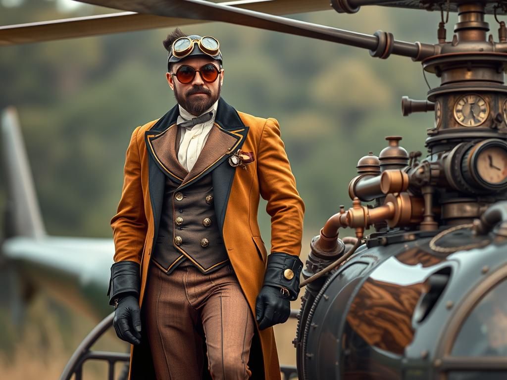 Steampunk Man on Helicopter in Hyperrealistic Photo