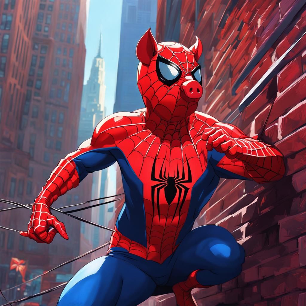 Pig in a Spiderman Costume in a New York City Explosion