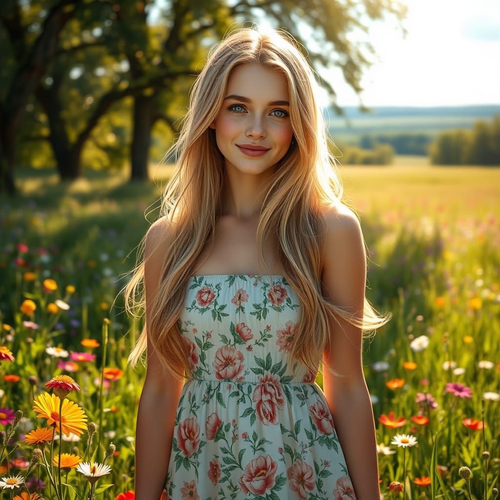 Woman in Floral Dress in Wildflower Meadow