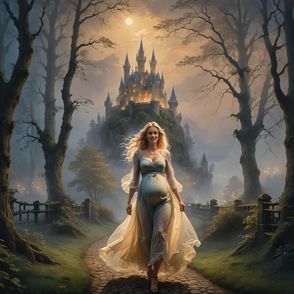 Pregnant Woman in Misty Forest, Ethereal Fantasy
