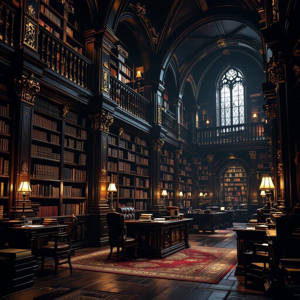 Dimly Lit Ancient Library with Ornate Bookshelves