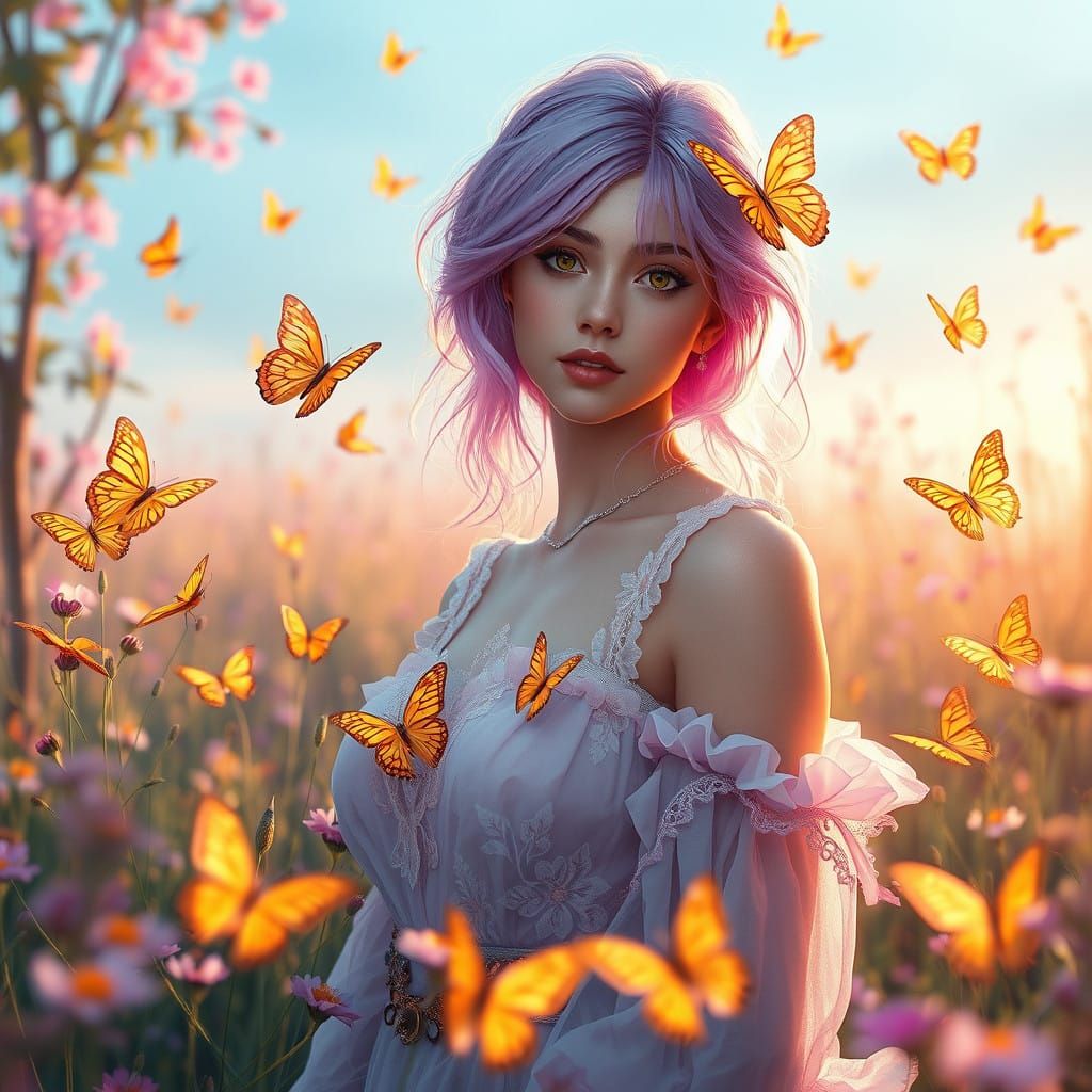 Woman Amidst Shimmering Butterflies in a Vibrant Fantasy Mea...