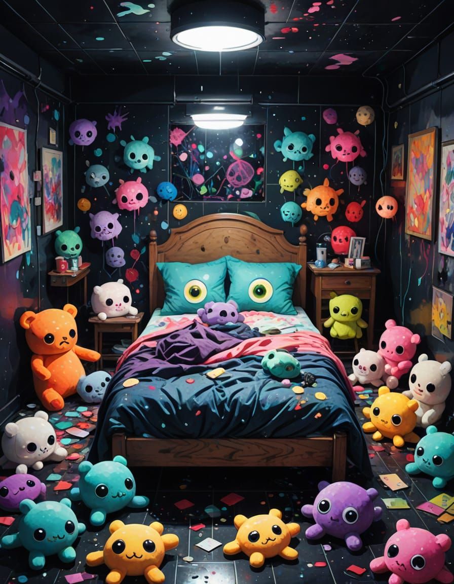 Cute Morbid Plushies in Metro Space, Watercolor Style