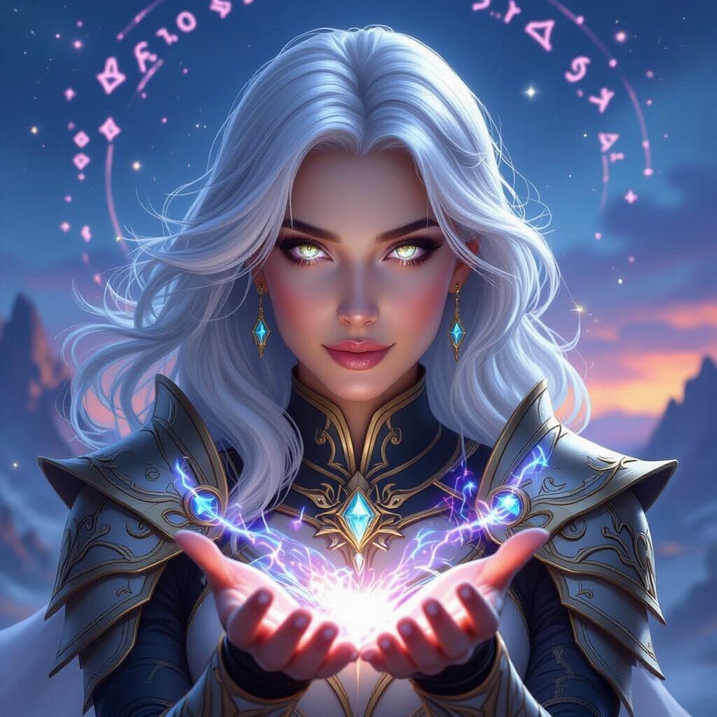 Fantasy Warrior Queen with Glowing Eyes and Silver Hair