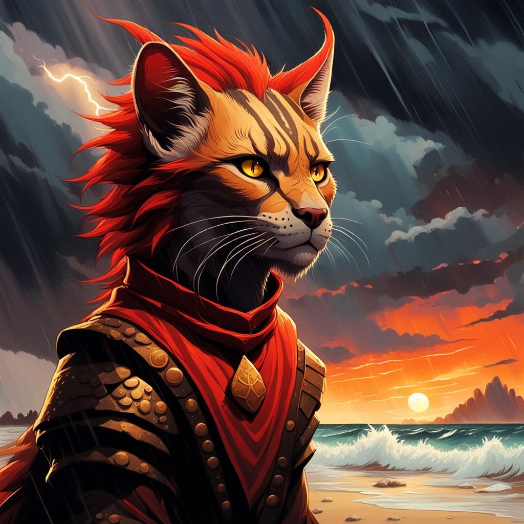 Khajiit on Stormy Beach in Whimsical Fantasy Style