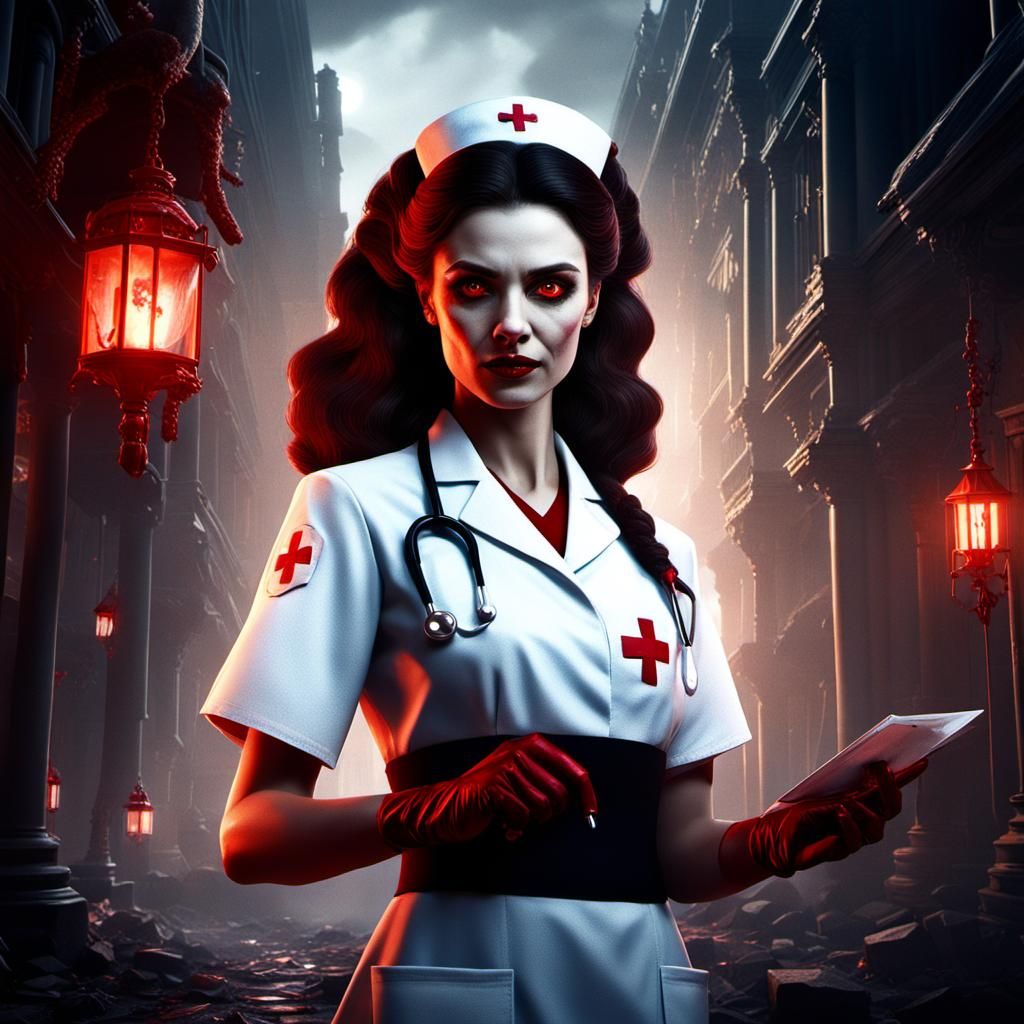 Vampire Nurse with Glowing Eyes: Fantasy Concept Art