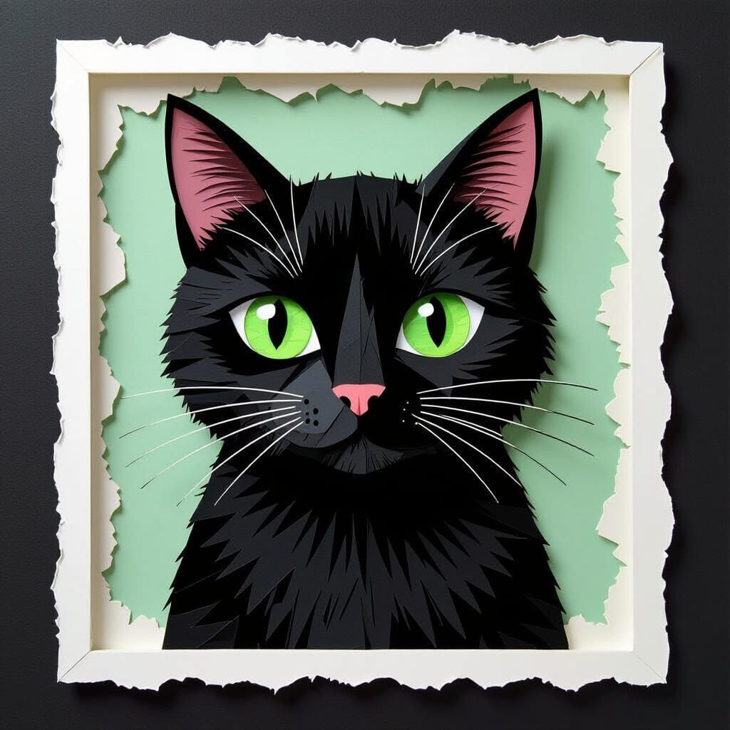 Cute Black Cat Paper Collage in Paola Paperie Style