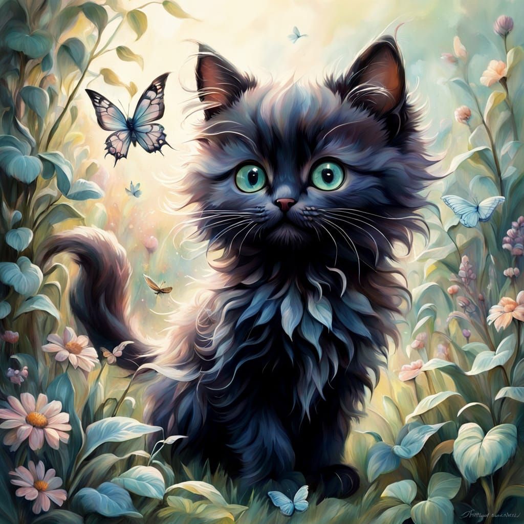 Dreamy Fantasy Garden Scene with Whimsical Creatures