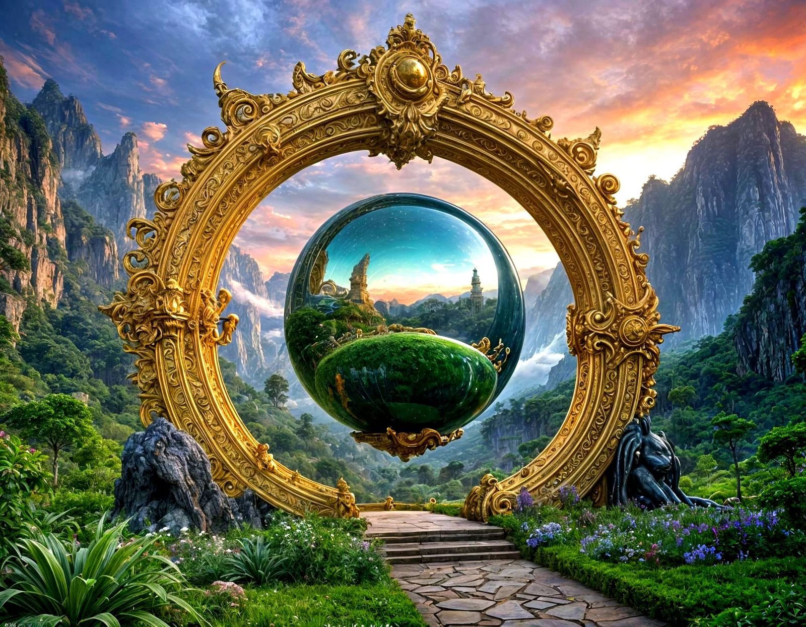 Luminous Portal Between Fantasy Structures