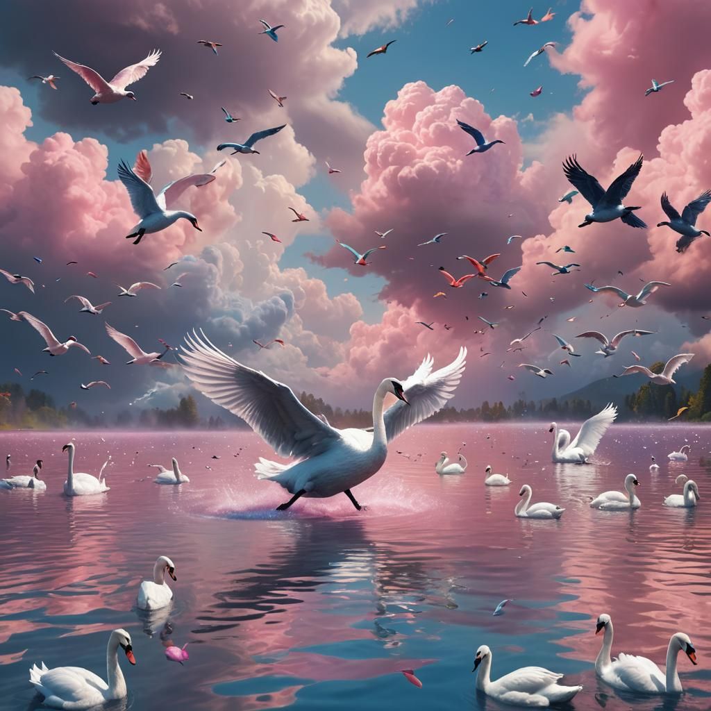 Hyperrealistic Swan in Rainbow Lake with Pastel Sky