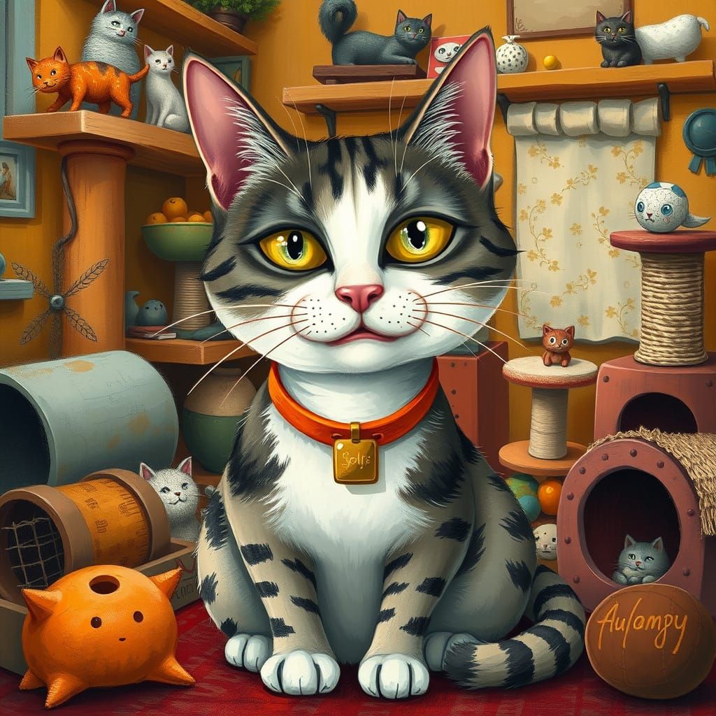 Whimsical Cat in a Cozy Room, with Crossed Eyes and Bright O...