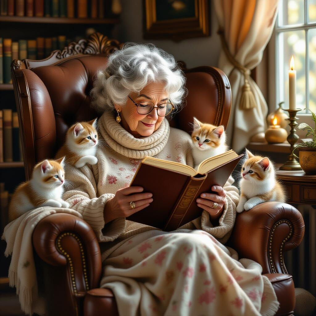 Enchanting Grandma Reading to Kittens in Whimsical Style