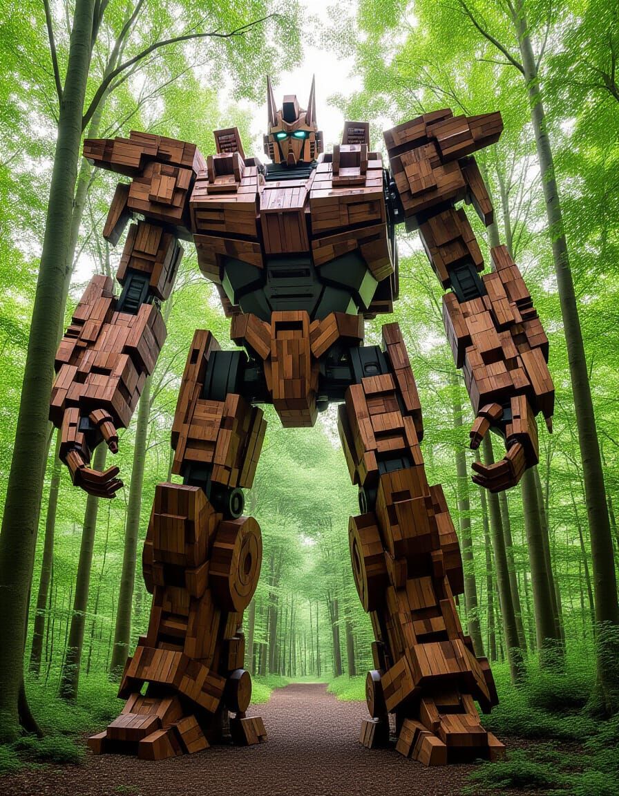 Giant Wooden Mecha Robot in Forest Setting