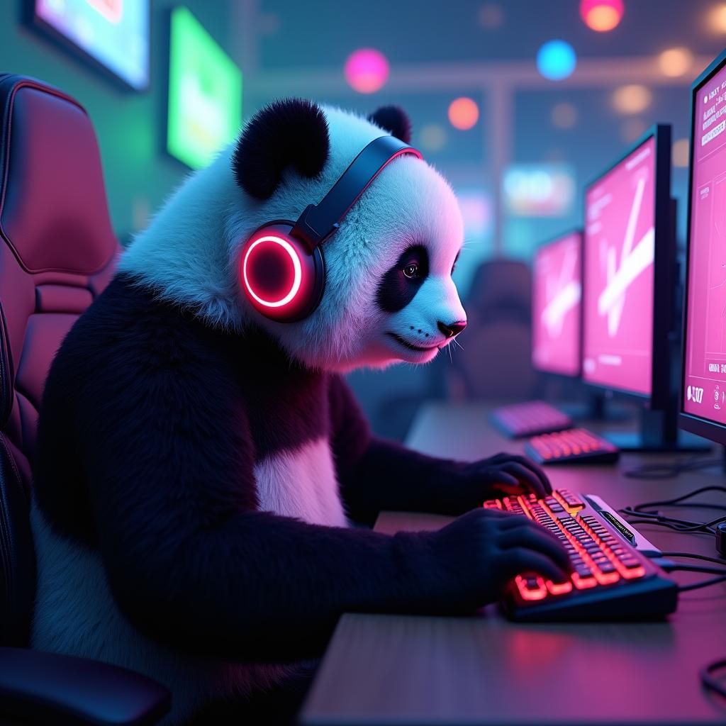 Panda Gamer Immersed in Neon Arcade, Digital Art