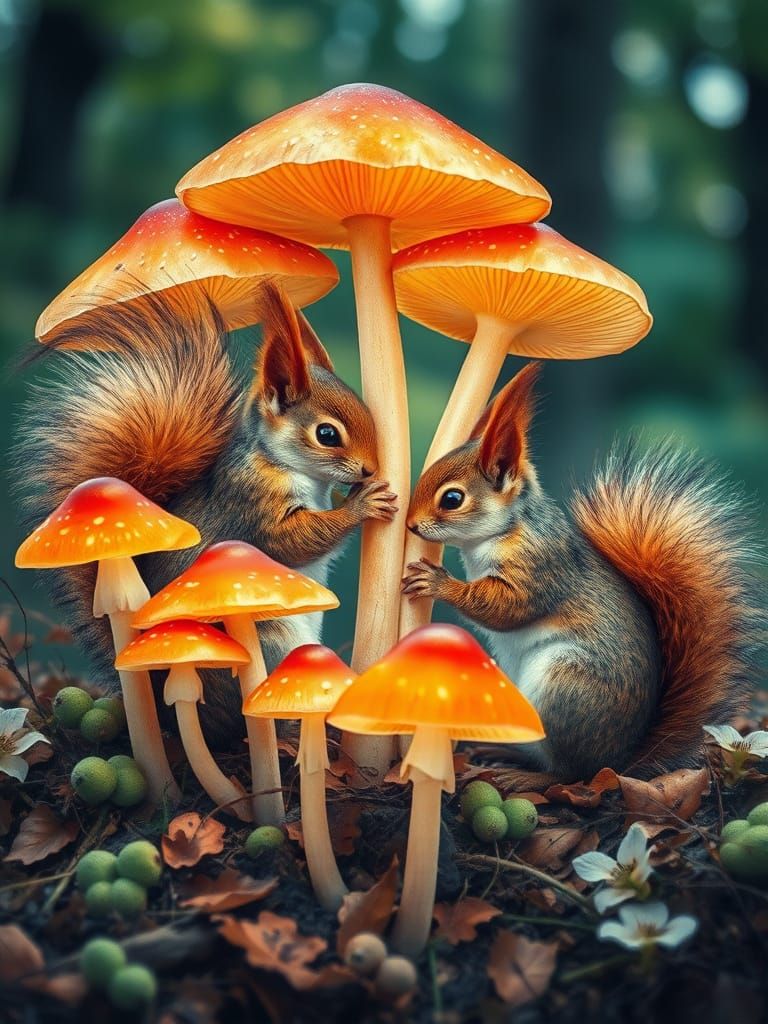 Whimsical Forest Scene with Squirrels and Fly Agaric Mushroo...