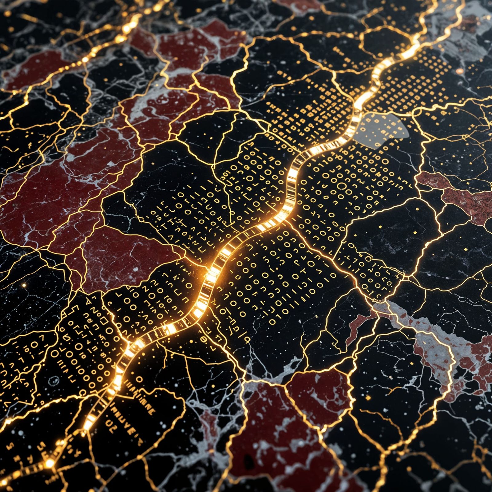 Crimson and Black Marble with Pulsing Gold Binary Veins