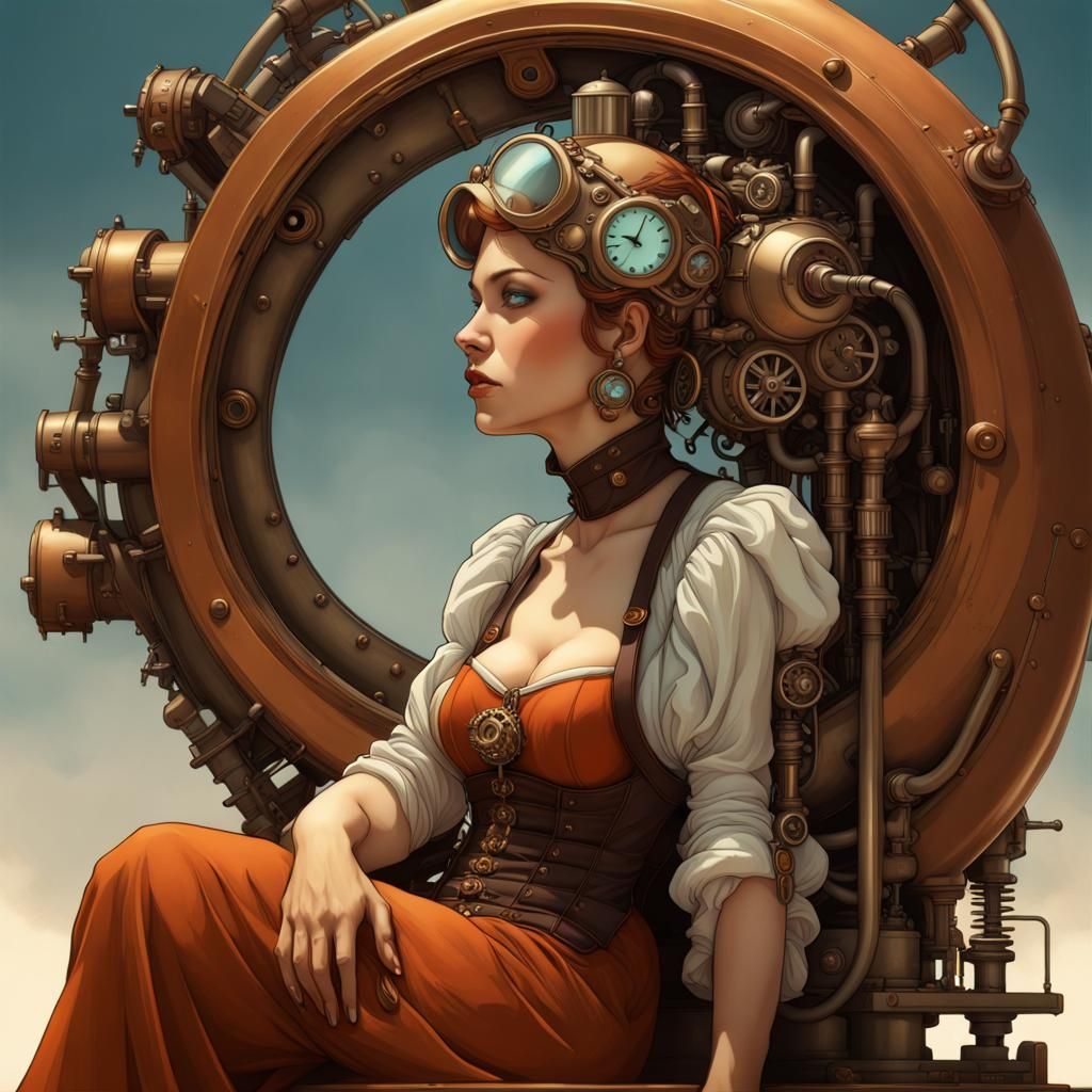 Pensive Steampunk Couple Confronting Mortality in Hyperdetai...