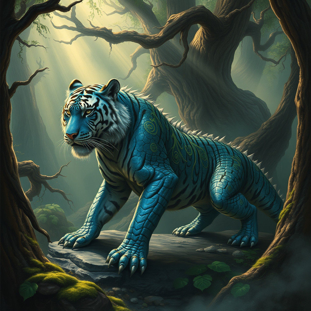 Mystical Tiger Crocodile Fusion in High-Fantasy Forest
