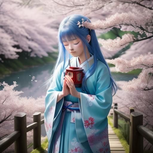 Shrine Maiden's Forest Prayer in Digital Art Style