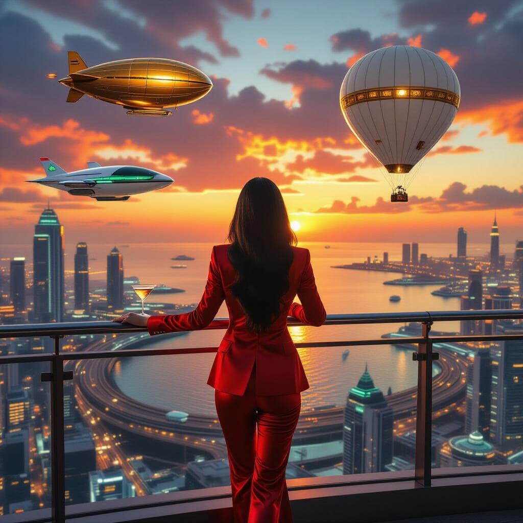 Woman in Red Satin on Balcony Overlooking Futuristic City