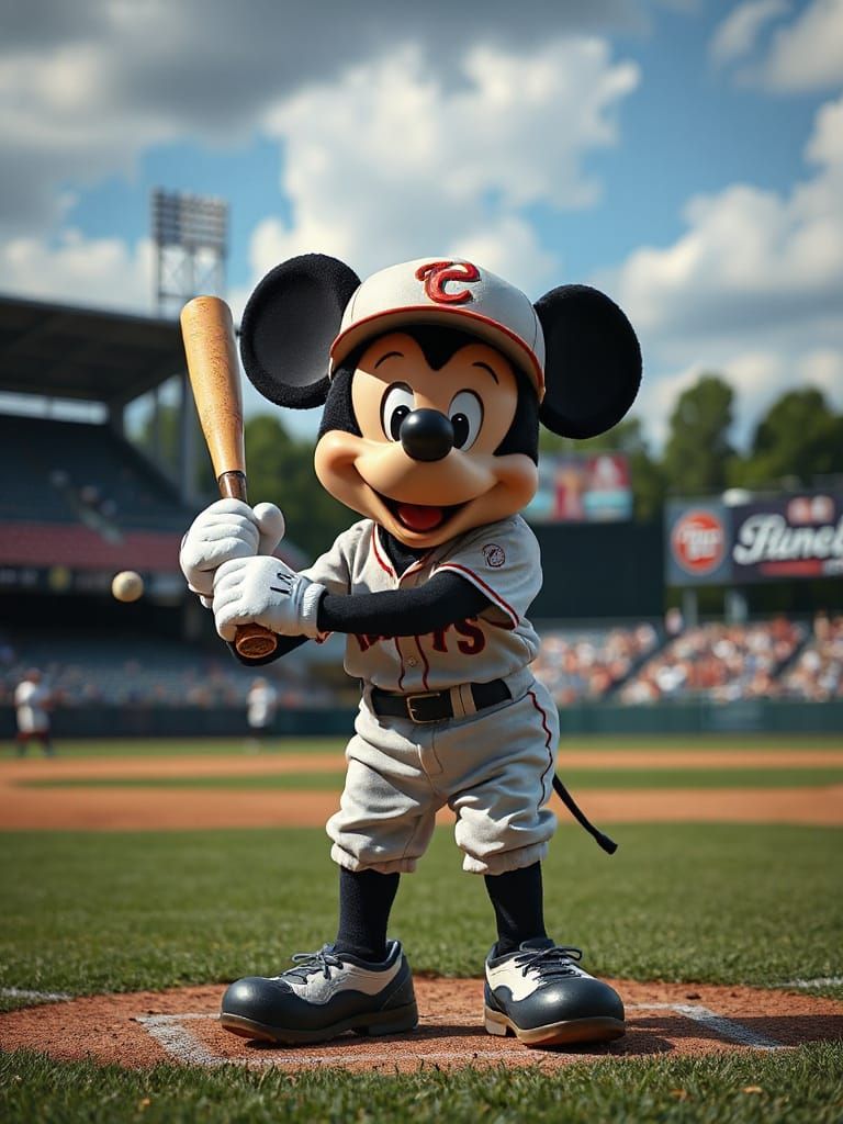Mickey Mouse Ready to Bat in Photorealistic Style