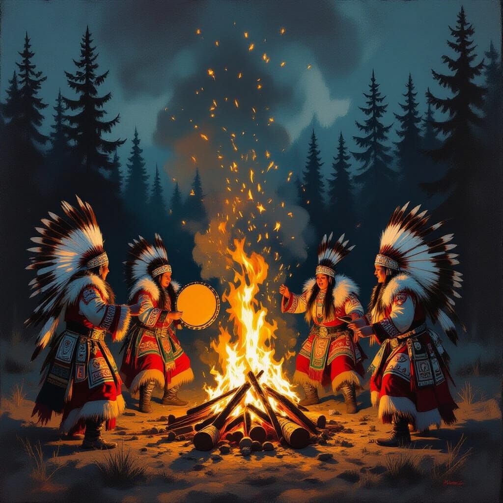 Shamans of Khanty-Mansi in traditional costumes perform a ce...