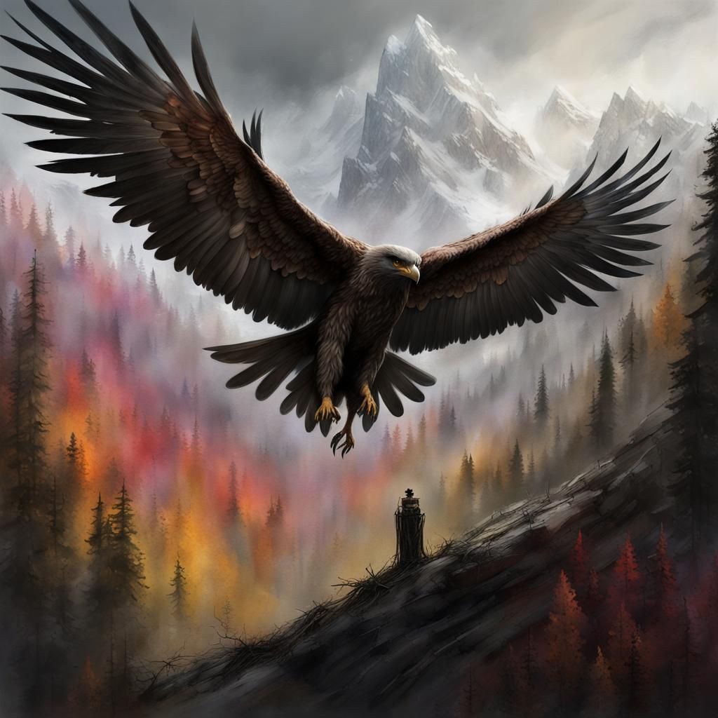 Majestic Giant Eagle in Mountain Nest: Charcoal Sketch