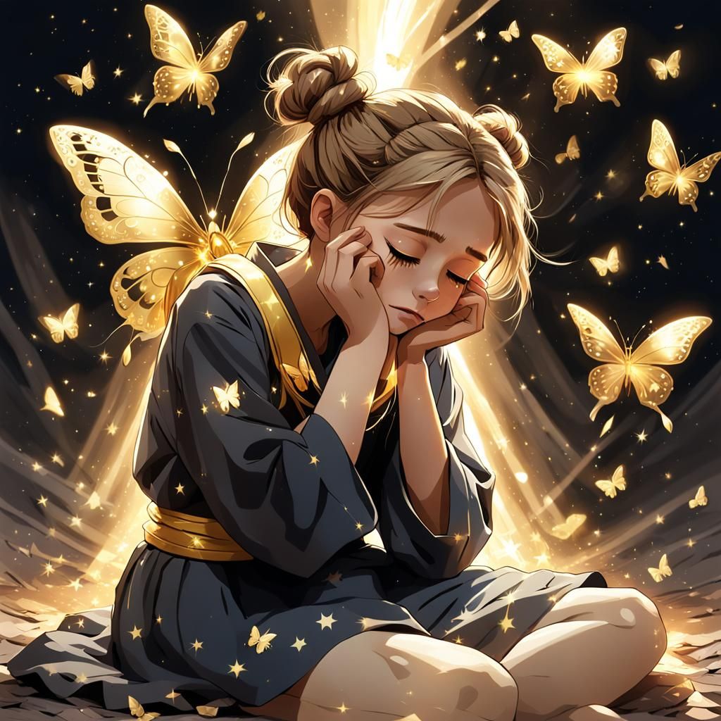 Crying Woman Radiates Golden Light in Anime Style