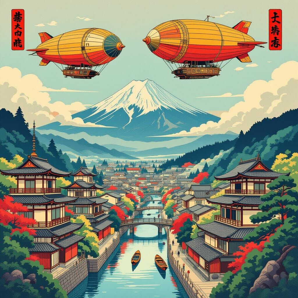 Steampunk Airships Over Ukiyo-e Village