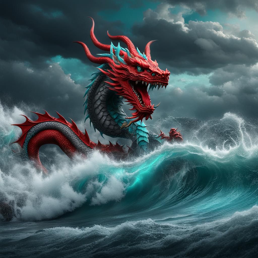 Red Chinese Dragon Emerges from Stormy Ocean