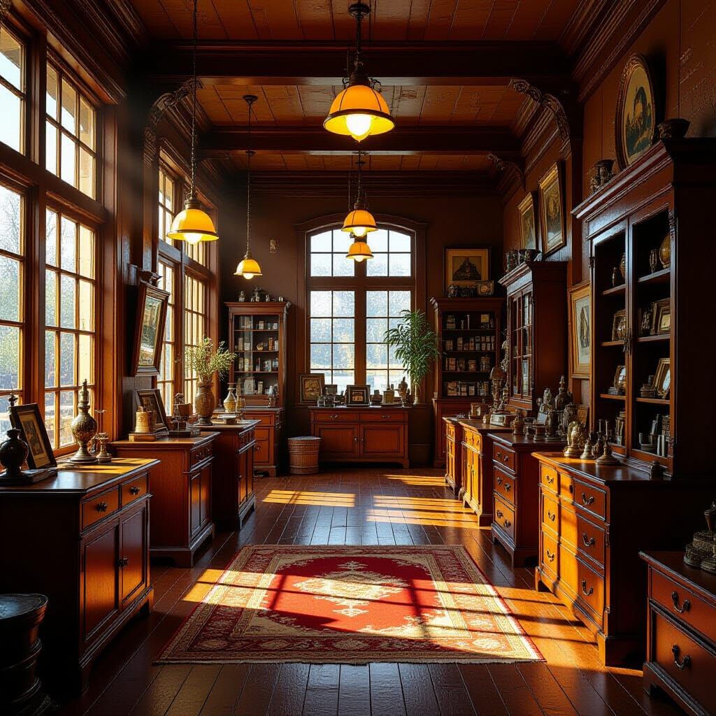 Antique Store with Golden Lighting in Retro-Futuristic Style