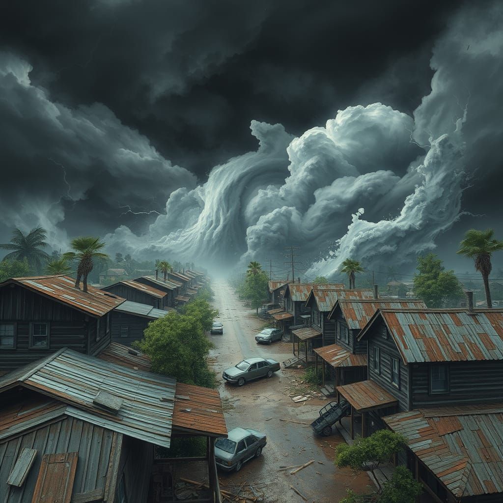 Cinematic Hurricane Devastation in a Worn, Wooden Town