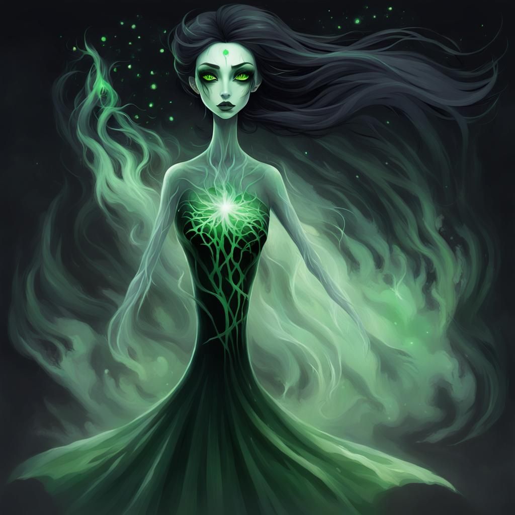 Ghostly Demigoddess with Ash Skin and Green Hair