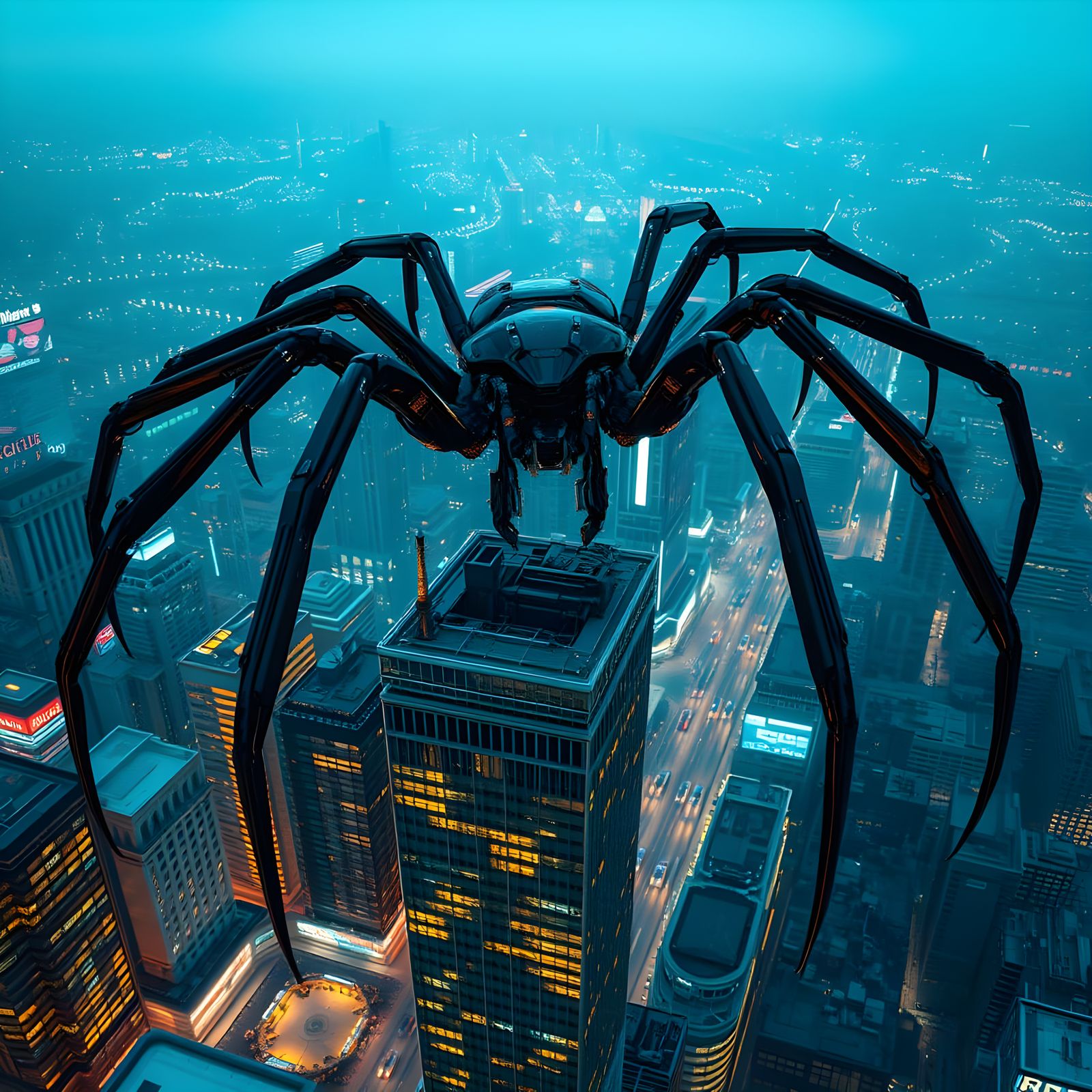 Metallic Spider Dominates City Skyline at Night