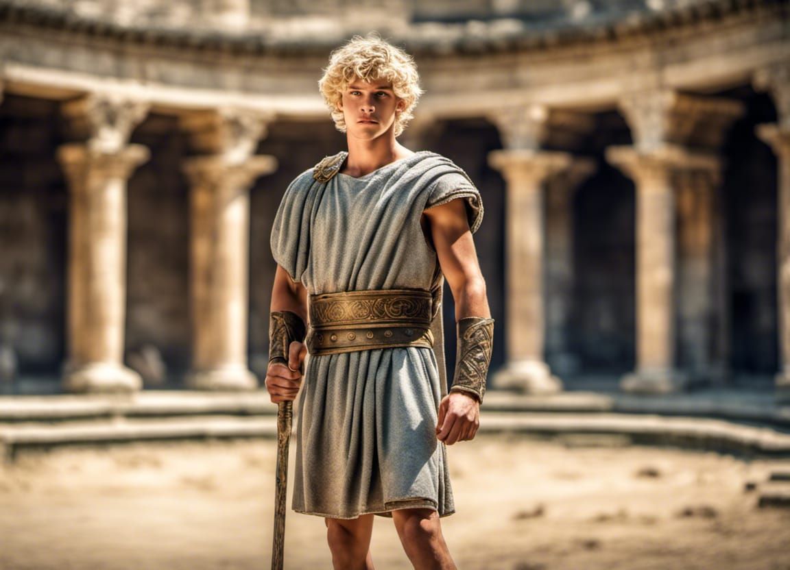 Roman Teen Warrior in Ancient Arena, Hyperrealistic