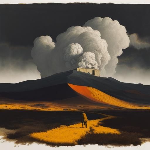 Expressionist Shepherds in Desolate Landscape with Swirling ...