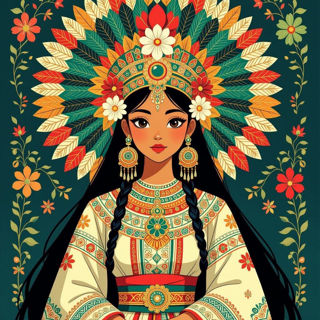 Aztec Warrior Princess with Flowers in Anime Style