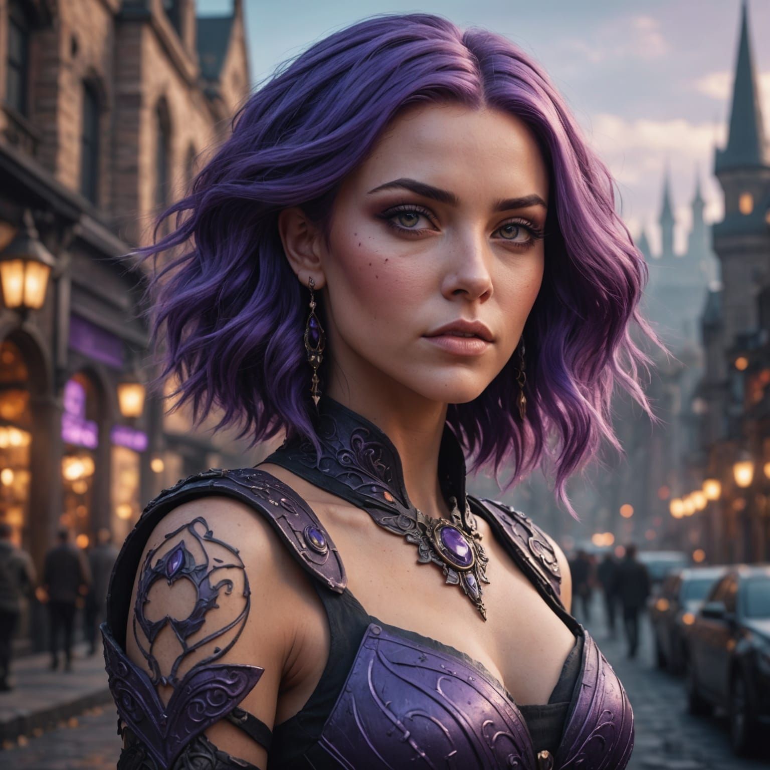 Beautiful Woman with Purple Hair: Detailed Digital Art