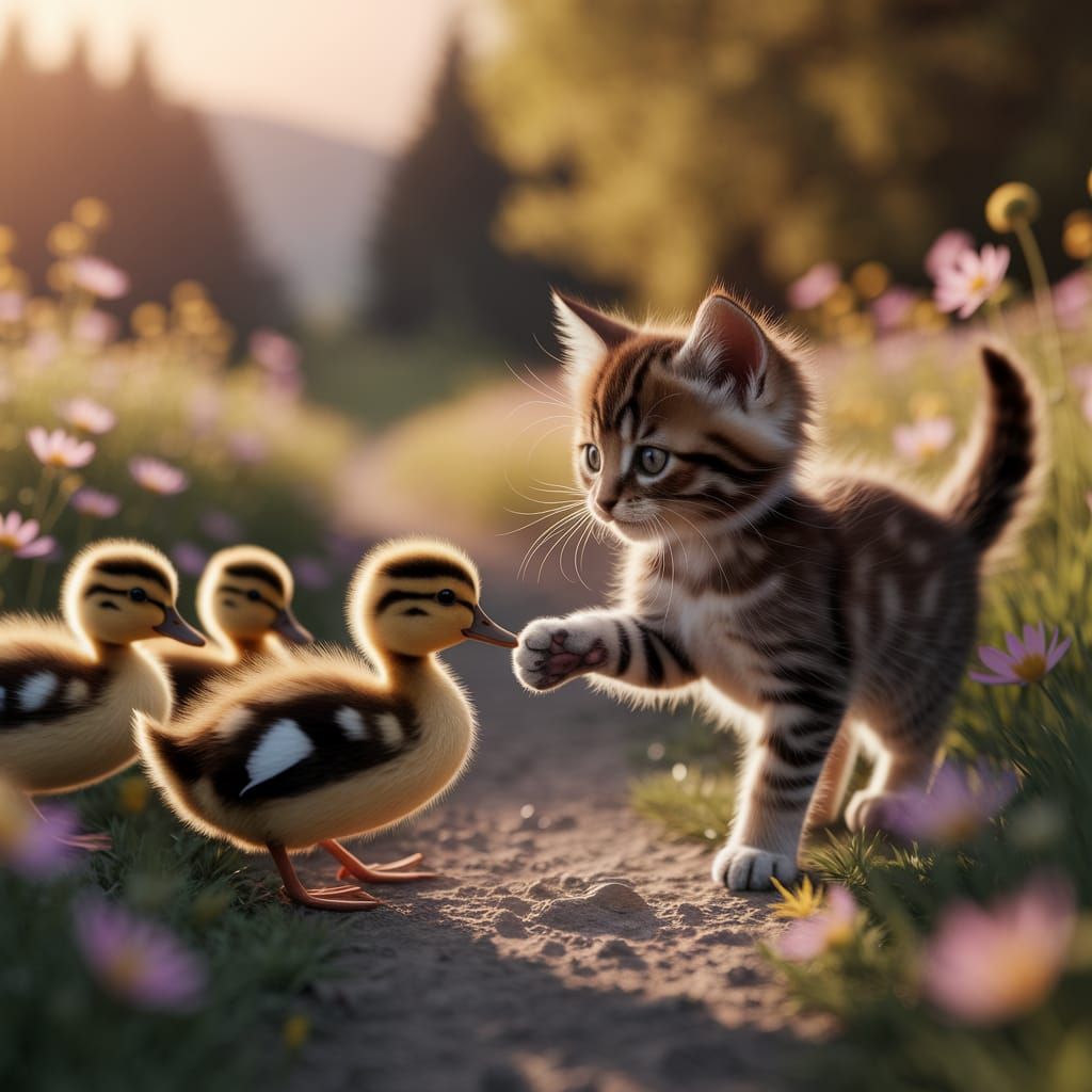 Kitten Plays with Ducklings in Golden Sunlight