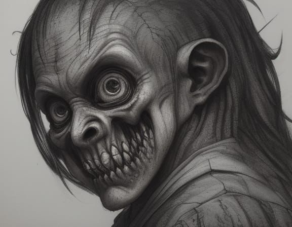 Creepy Monster Child's Drawing in Ink Wash Style