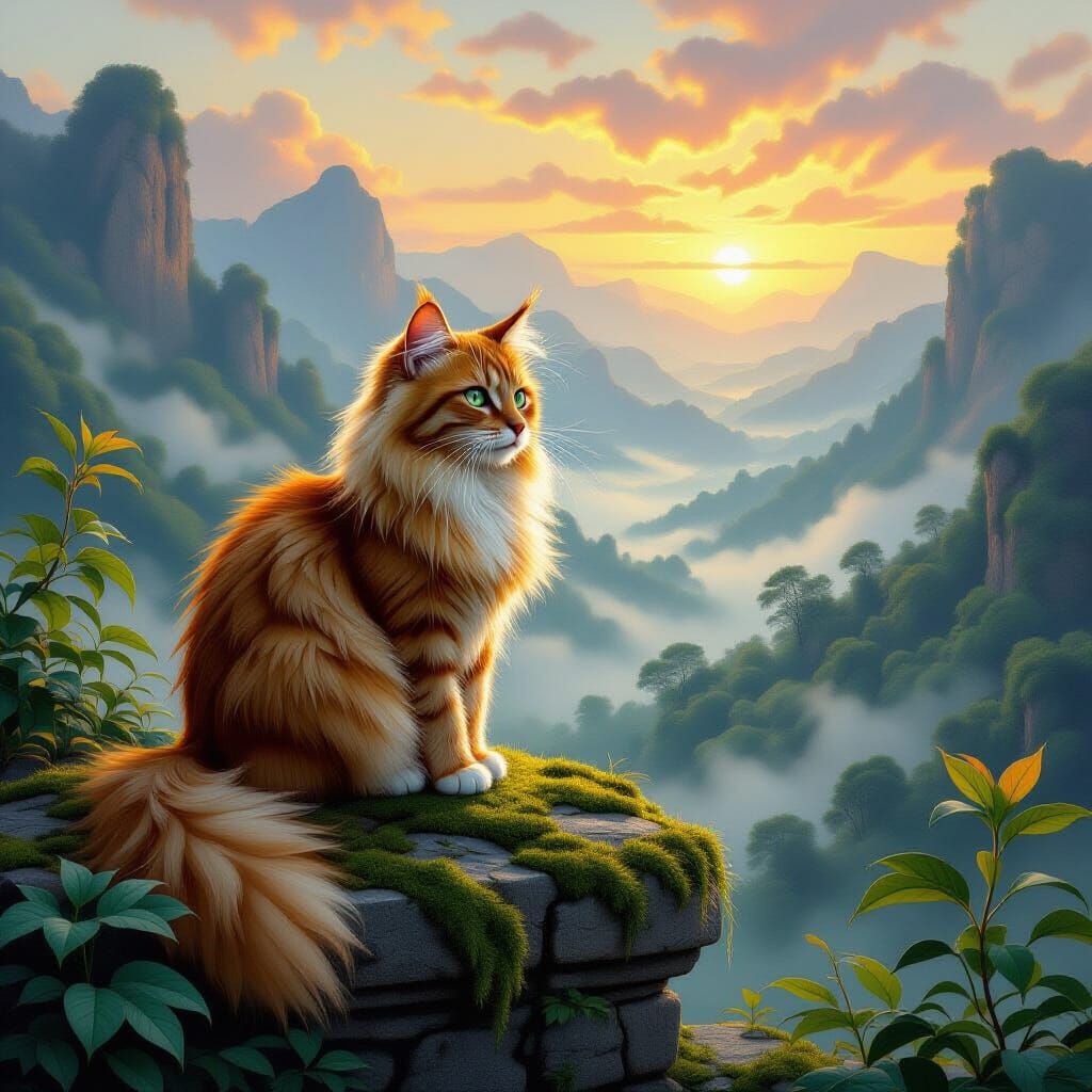 Majestic Orange Cat Overlooks Mist-Shrouded Valley