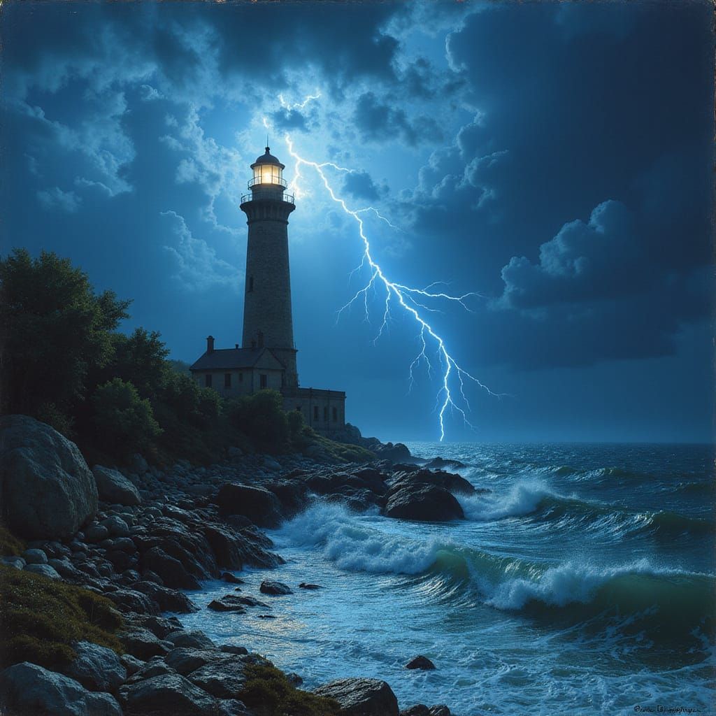 Majestic Lighthouse Illuminated by Electric Blue Lightning