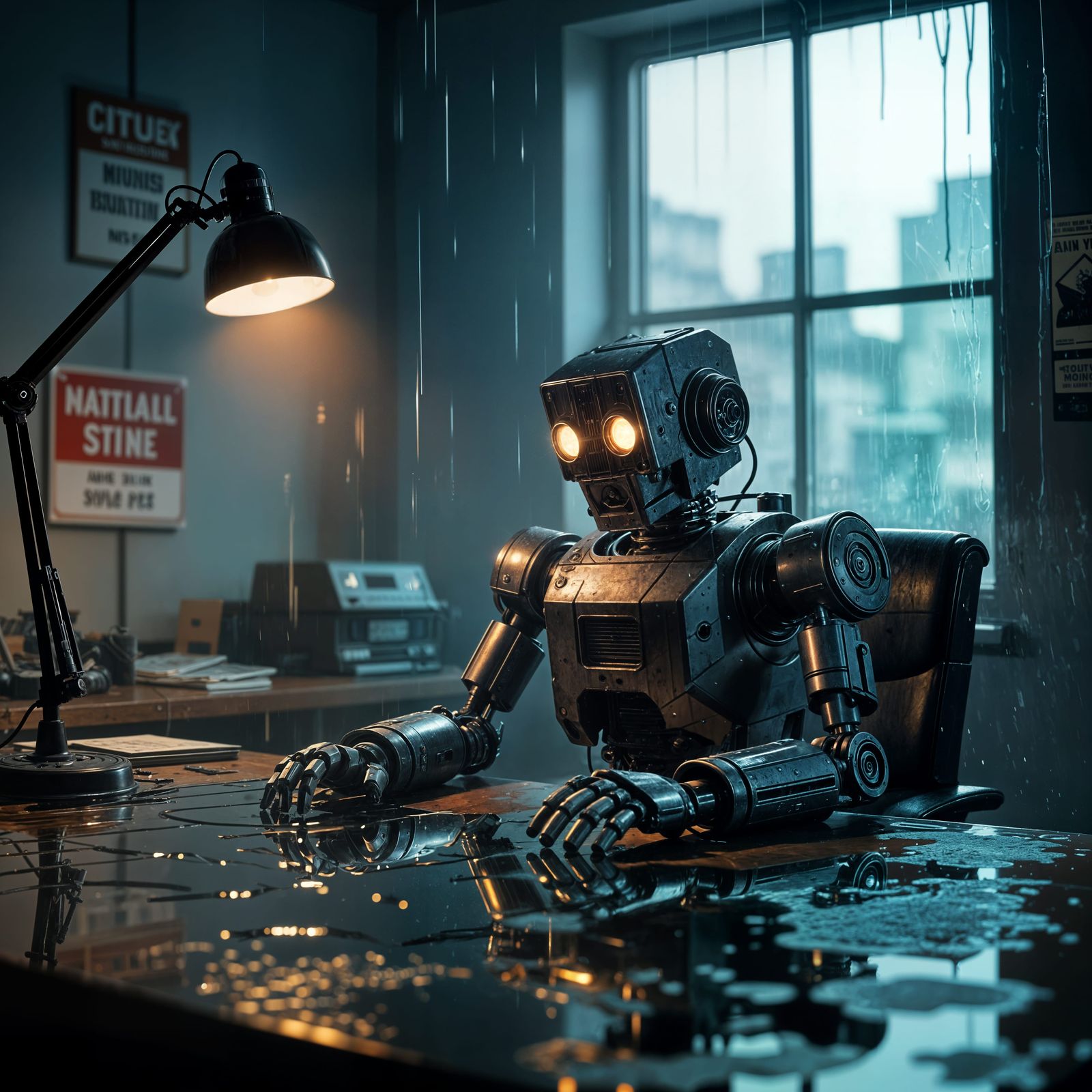 Dystopian Robot in Dimly Lit Office, Cinematic Film Still