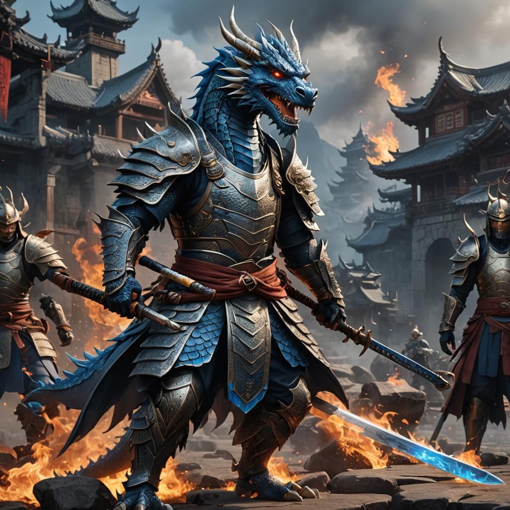 Anthropomorphic Dragon Samurai with Swords and Fire