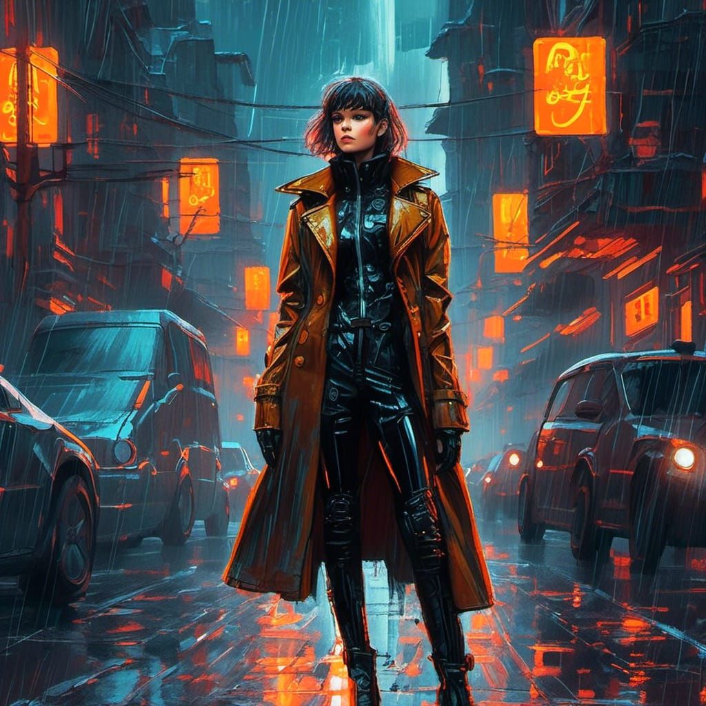 Biopunk Cyborg Detective in Neon Cityscape